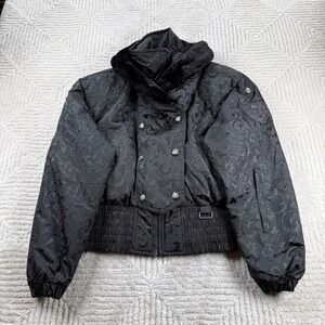NILS Damask Ski Jacket Women's 10 Black Vintage Faux Fur Collar Bomber Retro